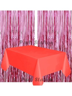 Parti Station 2 Adet Pembe Renk Metalize Arka Fon Perdesi ve 1 Adet Plastik Kırmızı Renk Masa Örtüsü Set