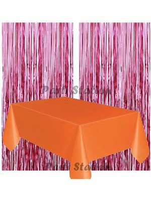 Parti Station 2 Adet Pembe Renk Metalize Arka Fon Perdesi ve 1 Adet Plastik Turuncu Renk Masa Örtüsü Set