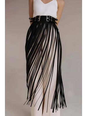 Çamaşır Kenti Püsküllü Deri Etek, Bel Üzeri Şık Püsküllü Deri Etek - CK1090