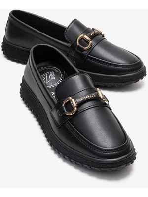 Ccway Kaydırmaz Kadın Tokalı Loafer Ayakkabı Siyah Cilt
