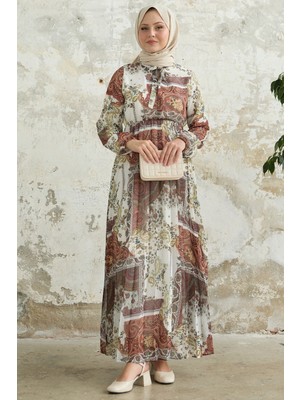 inStyle Viera Şal Desenli Yakası Kuşaklı Beyaz Şifon Elbise