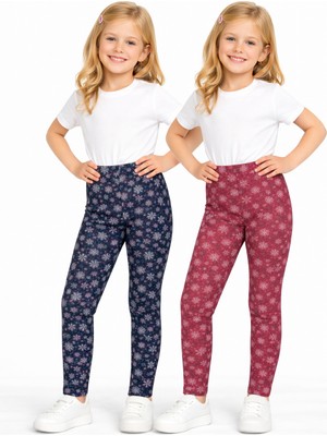 İncili Kız Çocuk Şardonlu Baskılı Tayt 2’li Set – Siyah & Bordo Yumuşak Dokulu Mevsimlik Tayt