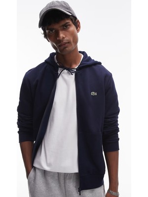 Lacoste Men's Classic Fit Full Zip Hoodie Sweatshirt Erkek Ayarlanabilir Kapüşonlu Organik Pamuk Sweatshirt Lacivert