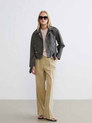 Lcw Gri Gömlek Yaka Kadın Deri Görünümlü Ceket