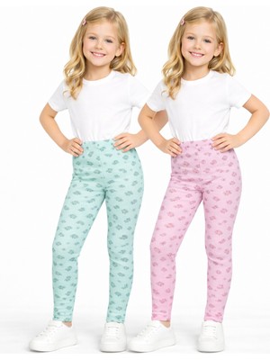 İncili Kız Çocuk Şardonlu Baskılı Tayt 2’li Set – Mint Yeşili & Pembe Yumuşak Dokulu Mevsimlik Tayt