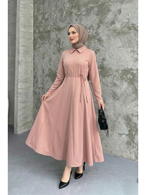 Foremia Yaka Fermuar Detay Elbise-Pudra -