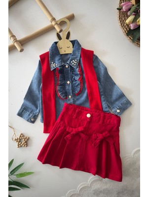 Miniğimin Cicileri Inci Detaylı Kot Gömlek ve Pileli Etek 2 Li Kız Takımı - Kırmızı