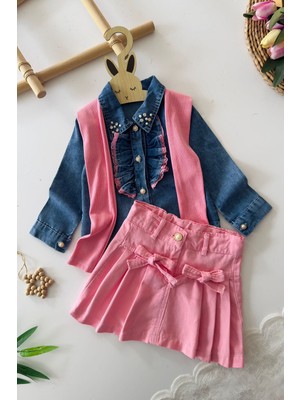 Miniğimin Cicileri Inci Detaylı Kot Gömlek ve Pileli Etek 2 Li Kız Takımı - Pembe