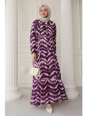 inStyle Batik Desenli Viskon Mor Elbise