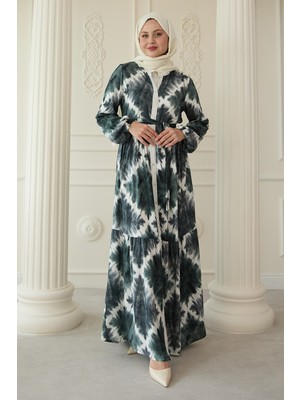 inStyle Önü Puntolu Ebruli Haki Viskon Elbise