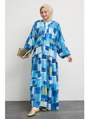 inStyle Karışık Yama Desen Mavi Salaş Elbise