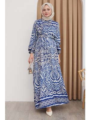 inStyle Gölge Desen Mavi Viskon Elbise
