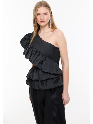 ROMAN Tek Omuz Volanlı Tafta Bluz Siyah YY013048_001