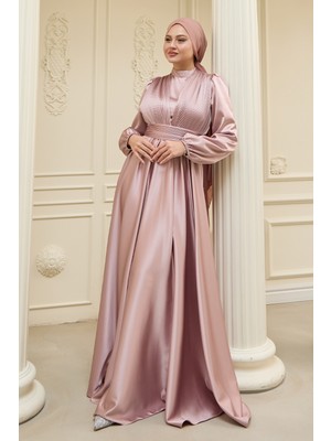 inStyle Çapraz Desenli Piliseli Pudra Saten Elbise