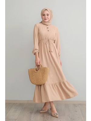 inStyle Tena Beli Lastikli Ayrobin Elbise - Bej