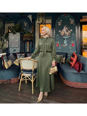 Foremia Yaka Bağlamalı Saten Etekli Takım-Haki -