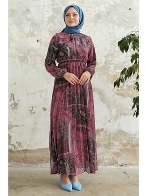 inStyle Viera Şal Desenli Yakası Kuşaklı Gül Kurusu Şifon Elbise