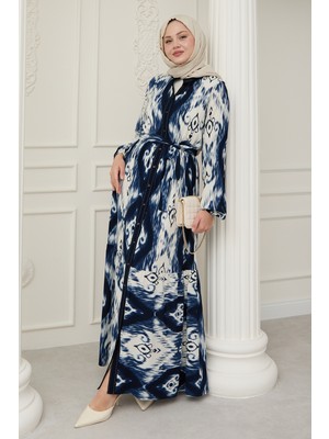 inStyle Önü Puntolu Etnik Desen Lacivert Viskon Elbise