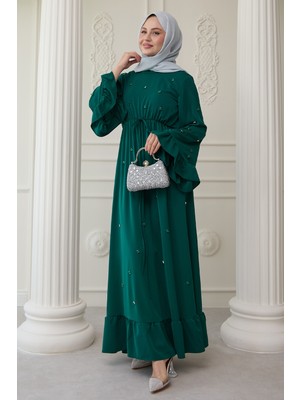 inStyle Taş Işlemeli Kolu Fırfırlı Zümrüt Yeşili Elbise