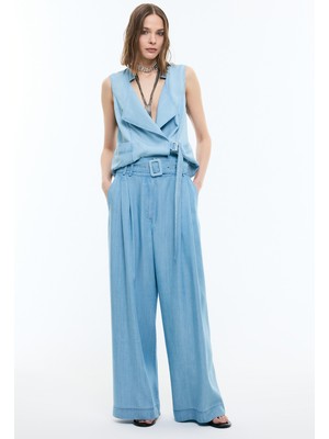 ROMAN Beli Kemerli Denim Palazzo Pantolon Mavi YY012055_036