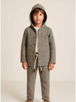 Queen Kids  Erkek Çocuk Kapşonlu  Keten Takım Kahve