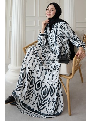 inStyle Renkli Motif Desenli Siyah Viskon Elbise