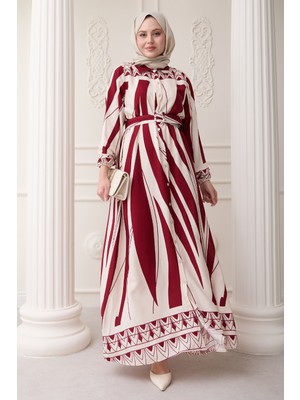 inStyle Desenli Kemerli Kırmızı Viskon Elbise