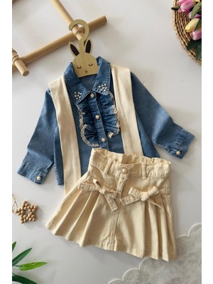 Miniğimin Cicileri Inci Detaylı Kot Gömlek ve Pileli Etek 2 Li Kız Takımı - Krem