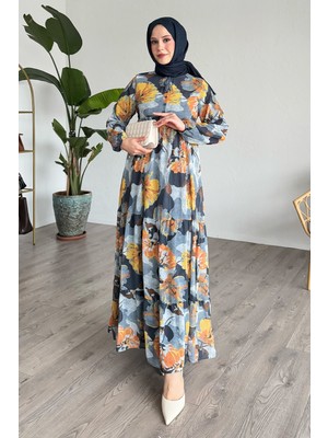 inStyle Patlı Desenli Şifon Antrasit Elbise