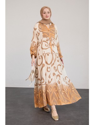 inStyle Önü Patlı Desenli Viskon Kahverengi Elbise