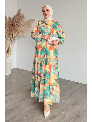 inStyle Patlı Desenli Şifon Turuncu Elbise