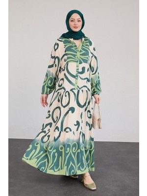 inStyle Önü Patlı Desenli Viskon Yeşil Elbise