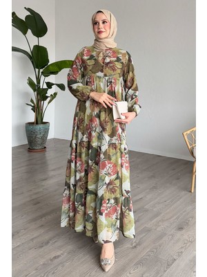 inStyle Patlı Desenli Şifon Yeşil Elbise