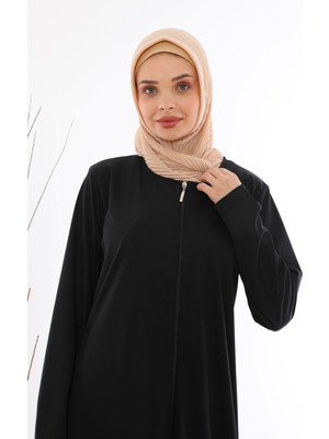 Medipek Fermuralı Namaz Elbisesi Ferace Düz Renk Siyah Uzun Kol Kloş Kalıp Rahat Kullanım