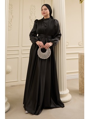 inStyle Çapraz Desenli Piliseli Siyah Saten Elbise