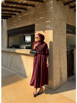 Nage Nakış Işlemeli  Crop Gömlek Bordo  Etekli Takım