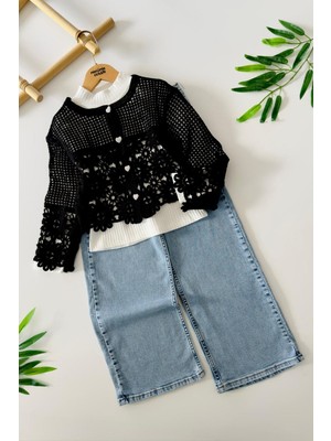 Miniğimin Cicileri (8-12 Yaş) Dantel Örgü Hırkalı Bol Paça Kot Pantolonlu Kız Çocuk 3 Lü Kombin Takım - Siyah