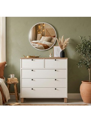 Robin Home Alaska Aynalı Şifonyer 5 Çekmeceli Ahşap Ayak Ahşap Beyaz