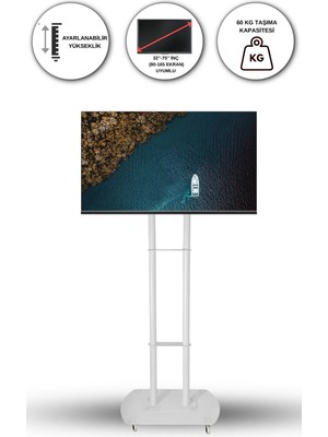 Kevega Tekerlekli Televizyon Ünitesi Beyaz 32''–75'' inç ekran taşıyabilir (80 ekran – 165 ekran)