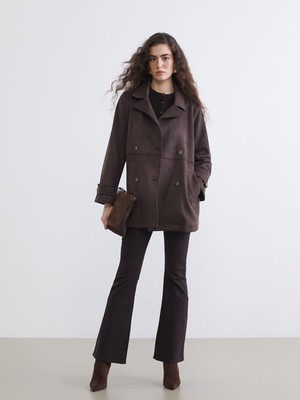 Lcw Kahverengi Kruvaze Yaka Süet Görünümlü Kadın Trençkot