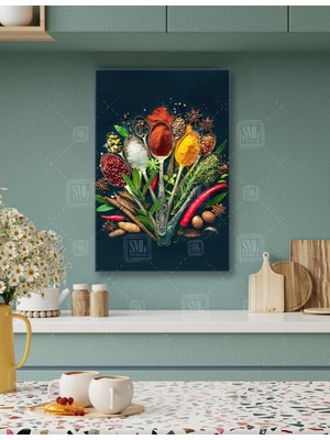 SML Tablo Gümüş Kaşıklar Renkli Toz Baharatlar Taze Baharatlar Tuz Kekik Dikey Kanvas Tablo