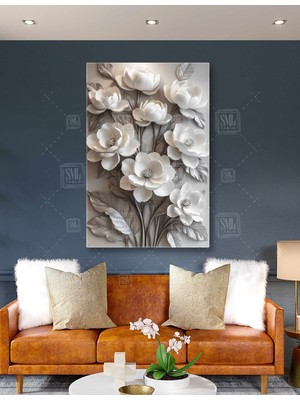 SML Tablo Duvarda Beyaz Büyük Çiçek Buketi Zarif Beyaz Çiçekler Dikey Kanvas Tablo