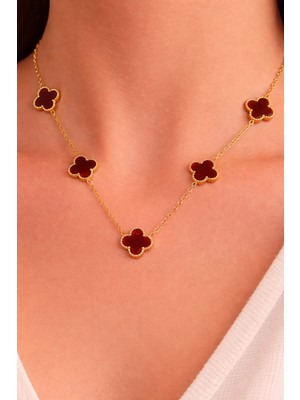 Melisa Takı & Aksesuar 316L Çelik Gold Renk Yonca Bordo Orta Boy Kolye