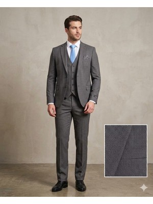 Fabio Cassel Slim Fit  Mono Yaka Çift Yırtmaçlı Astarlı Takım Elbise Yelekli