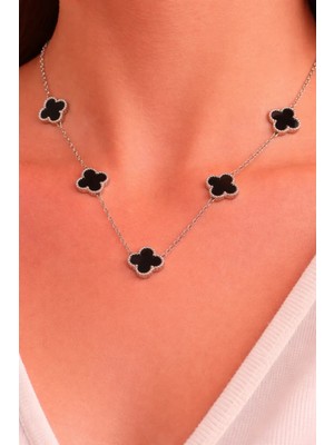 Melisa Takı & Aksesuar 316L Çelik Gümüş Renk Yonca Siyah Orta Boy Kolye