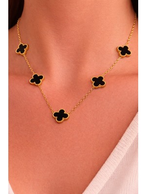 Melisa Takı & Aksesuar 316L Çelik Gold Renk Yonca Siyah Orta Boy Kolye