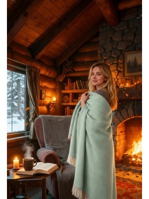 Doğal Yün Tv & Koltuk Battaniyesi – Balıksırtı Desen | Mint Yeşil | El Yapımı Saçaklı