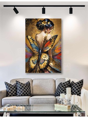 SML Tablo Gold Kelebek Kanatlı Kadın Gold Pırıltılar Çiçek Toka Altın Elbise Dikey Kanvas Tablo