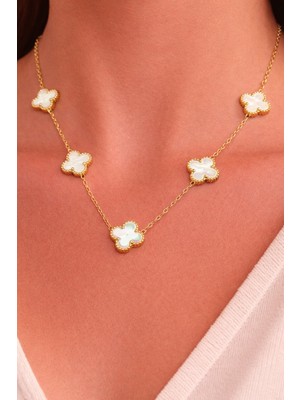 Melisa Takı & Aksesuar 316L Çelik Gold Renk Yonca Beyaz Orta Boy Kolye