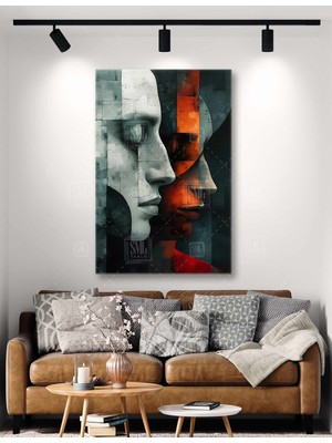 SML Tablo Gözü Kapalı Adam Heykel ve Kırmızı Kadın Heykel Modern Dikey Kanvas Tablo